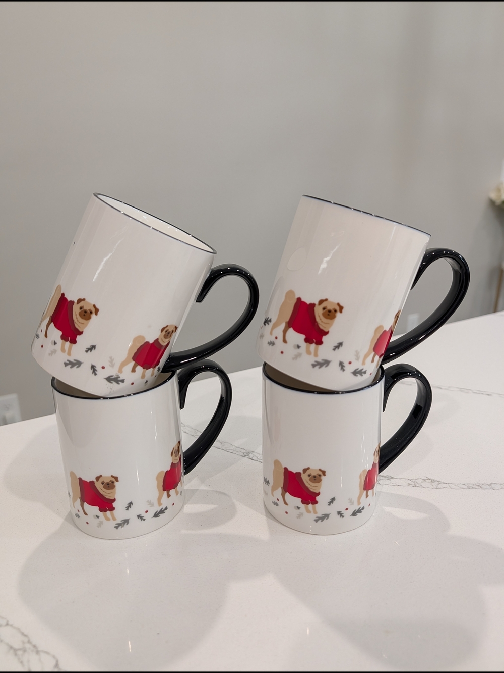 Martha Stewart Pug Mug Set of 4 Red Sweater Dogs Holiday Coffee Cups Black Handl